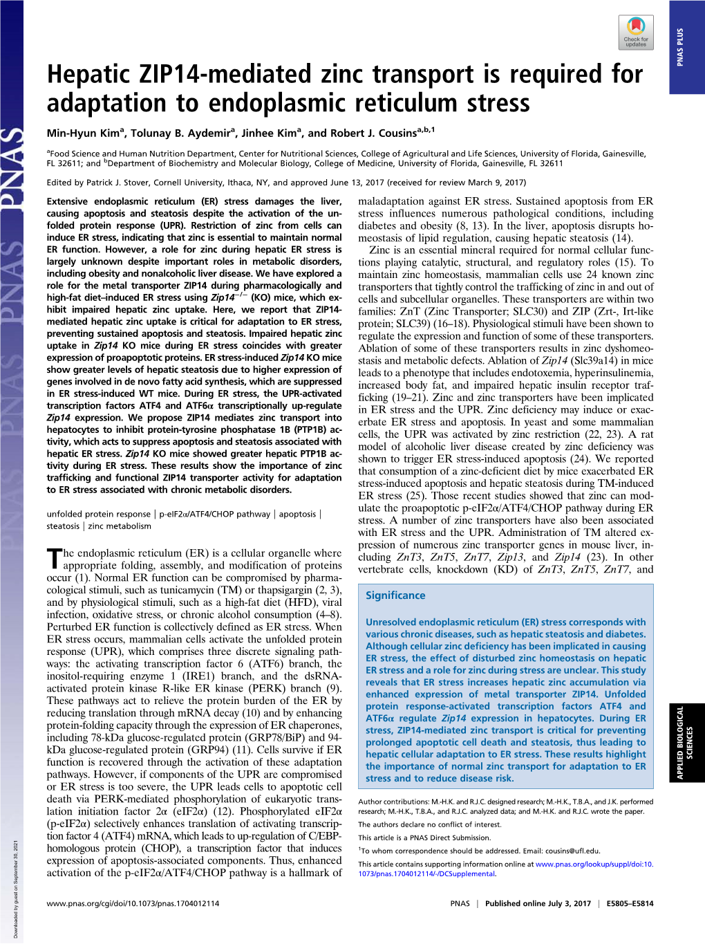 Hepatic ZIP14-Mediated Zinc Transport Is Required for Adaptation to Endoplasmic Reticulum Stress