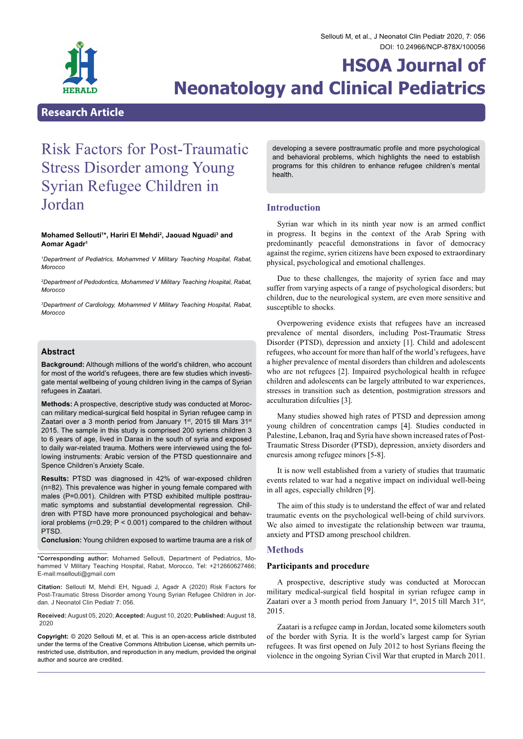 Risk Factors for Post-Traumatic Stress Disorder Among Young Syrian Refugee Children in Jordan