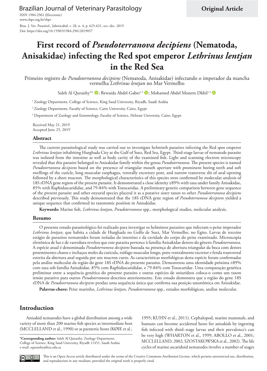 First Record of Pseudoterranova Decipiens (Nematoda, Anisakidae) Infecting the Red Spot Emperor Lethrinus Lentjan in the Red