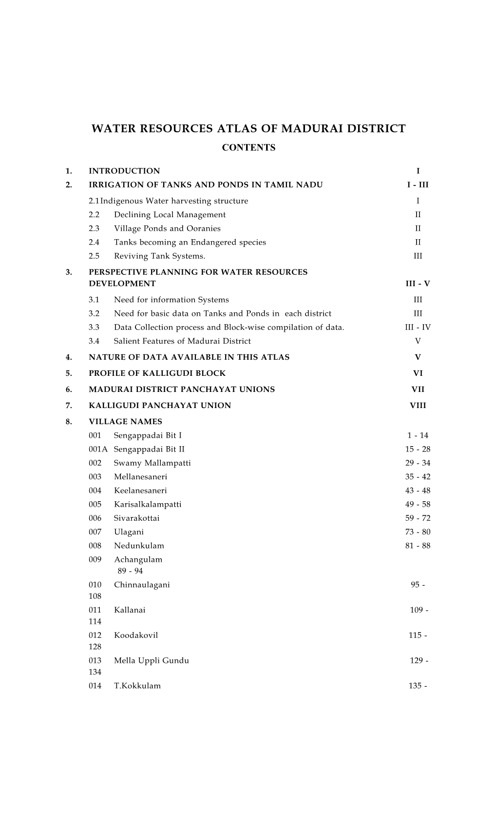 Water Resources Atlas of Madurai District Contents