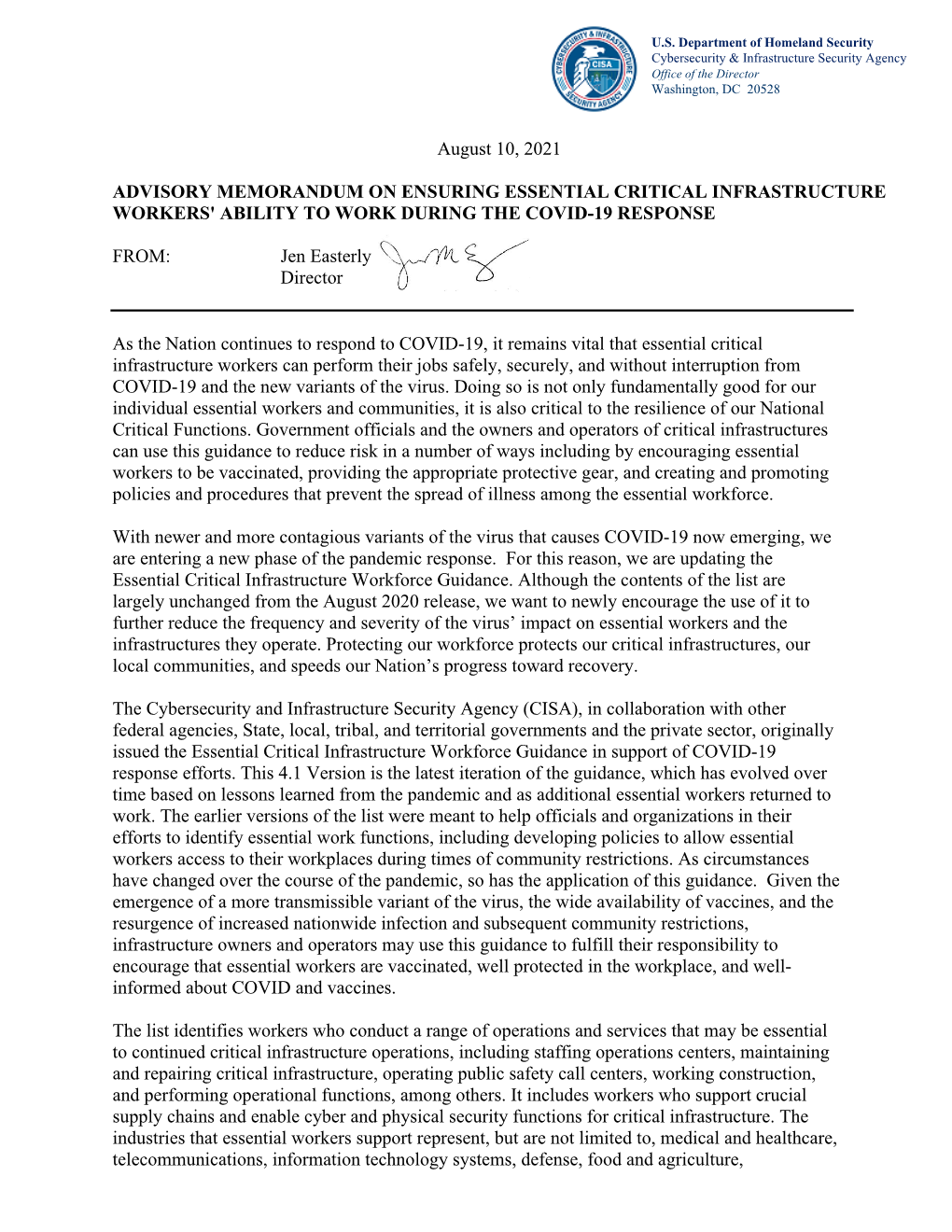 Guidance on the Essential Critical Infrastructure Workforce: Ensuring Community and National Resilience in COVID-19 Response Version 4.1”