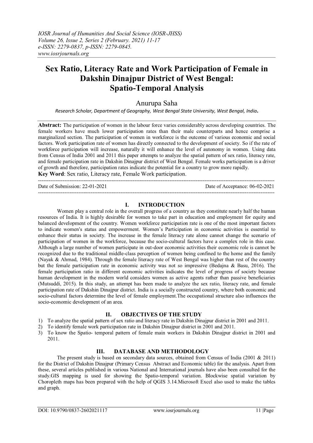 Sex Ratio, Literacy Rate and Work Participation of Female in Dakshin Dinajpur District of West Bengal: Spatio-Temporal Analysis