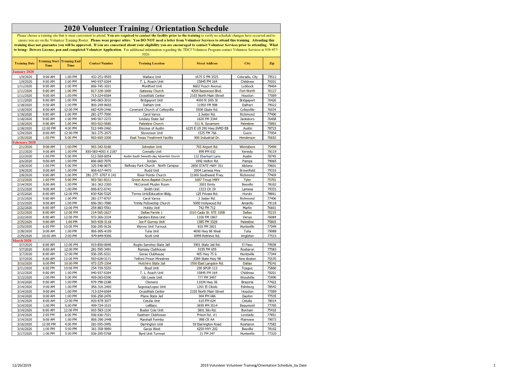 2020 Volunteer Training / Orientation Schedule Please Choose a Training Site That Is Most Convenient to Attend