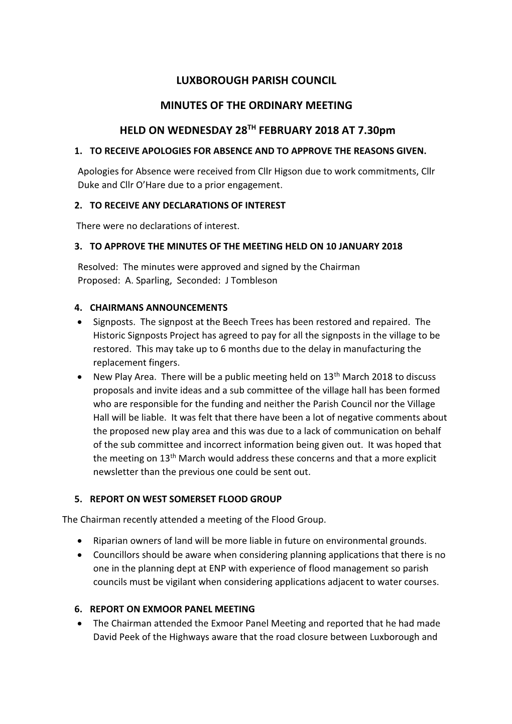 Luxborough Parish Council Minutes of the Ordinary
