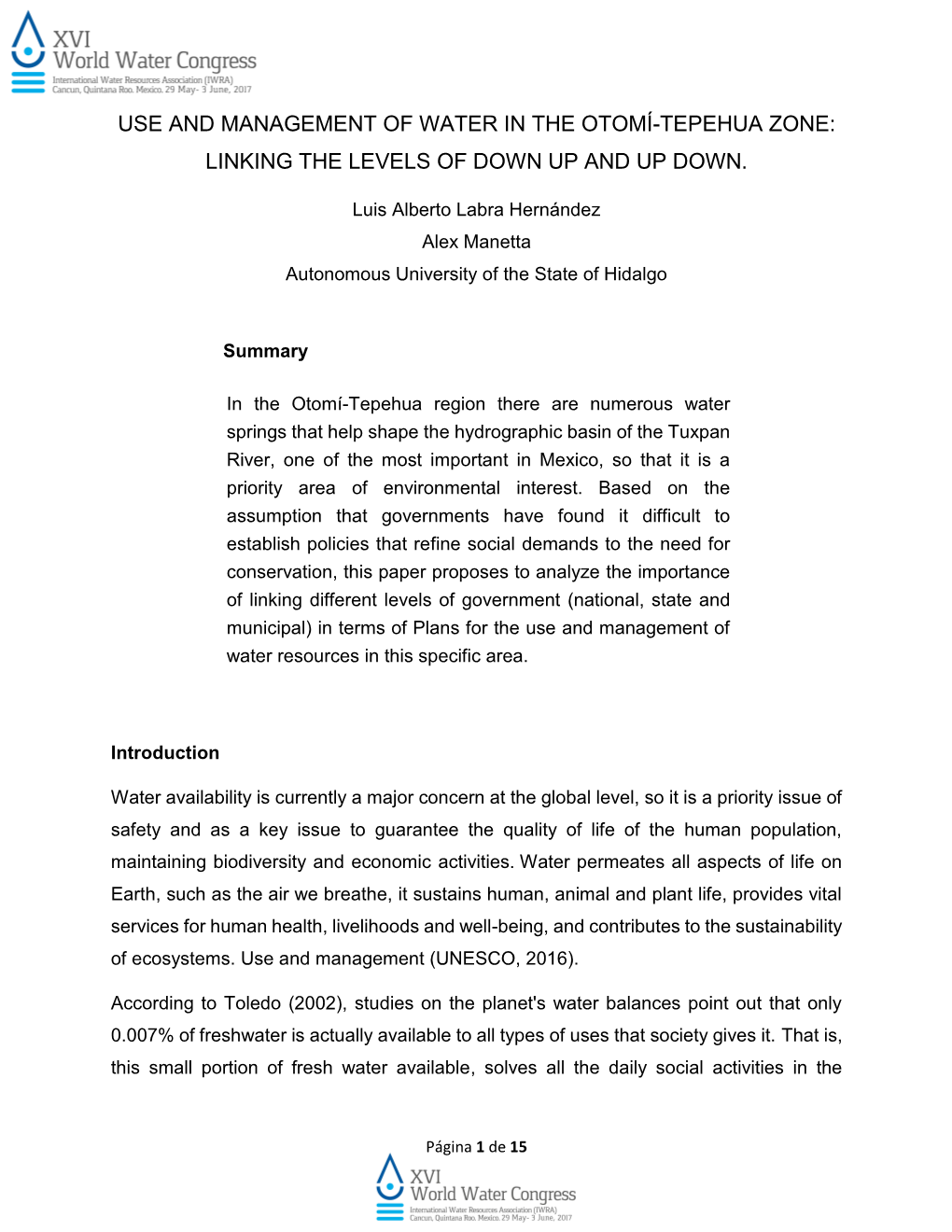 Use and Management of Water in the Otomí-Tepehua Zone: Linking the Levels of Down up and up Down