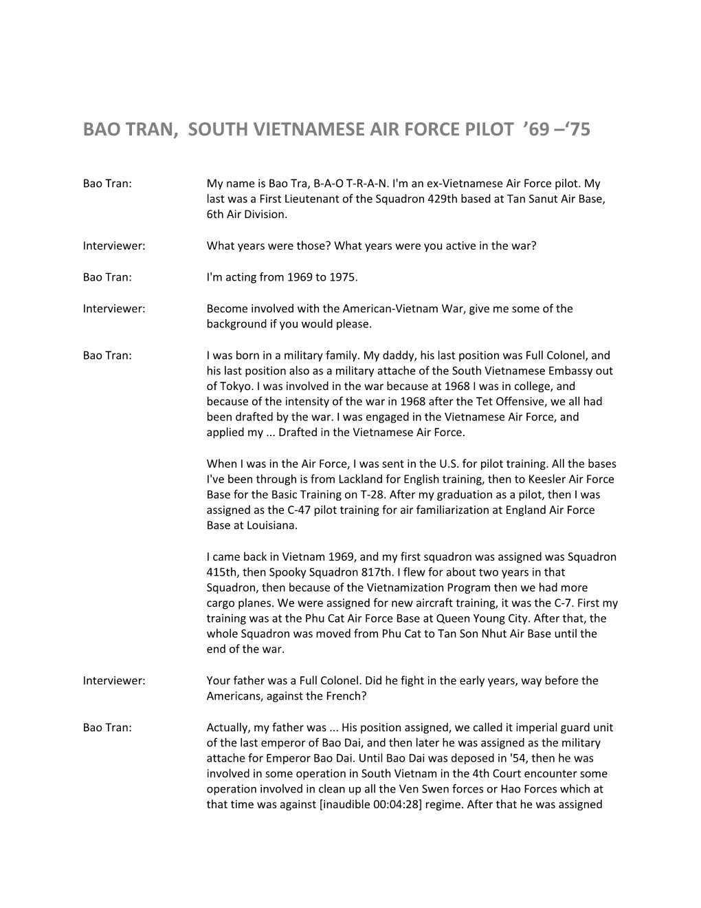 Bao Tran, South Vietnamese Air Force Pilot ’69 –‘75
