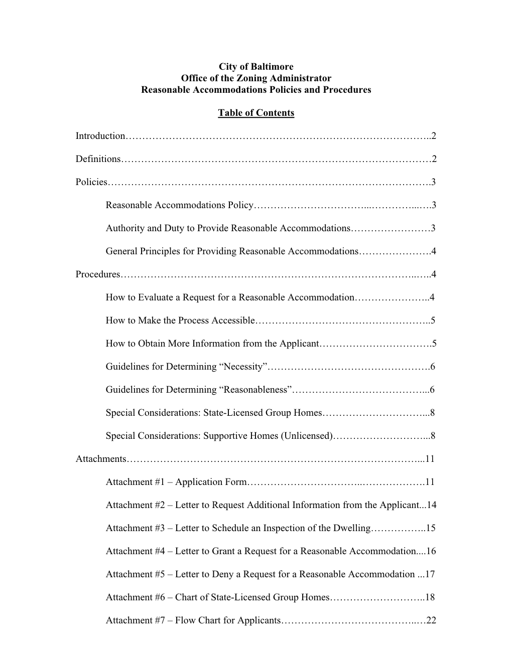 City of Baltimore Office of the Zoning Administrator Reasonable Accommodations Policies and Procedures