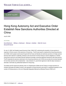 Hong Kong Autonomy Act and Executive Order Establish New Sanctions Authorities Directed at China