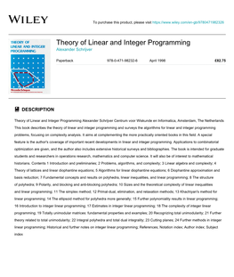 Theory of Linear and Integer Programming Alexander Schrijver