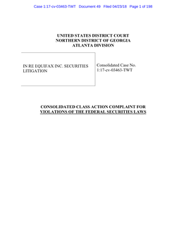 In Re Equifax Inc. Securities Litigation 17-CV-03463-Consolidated Class
