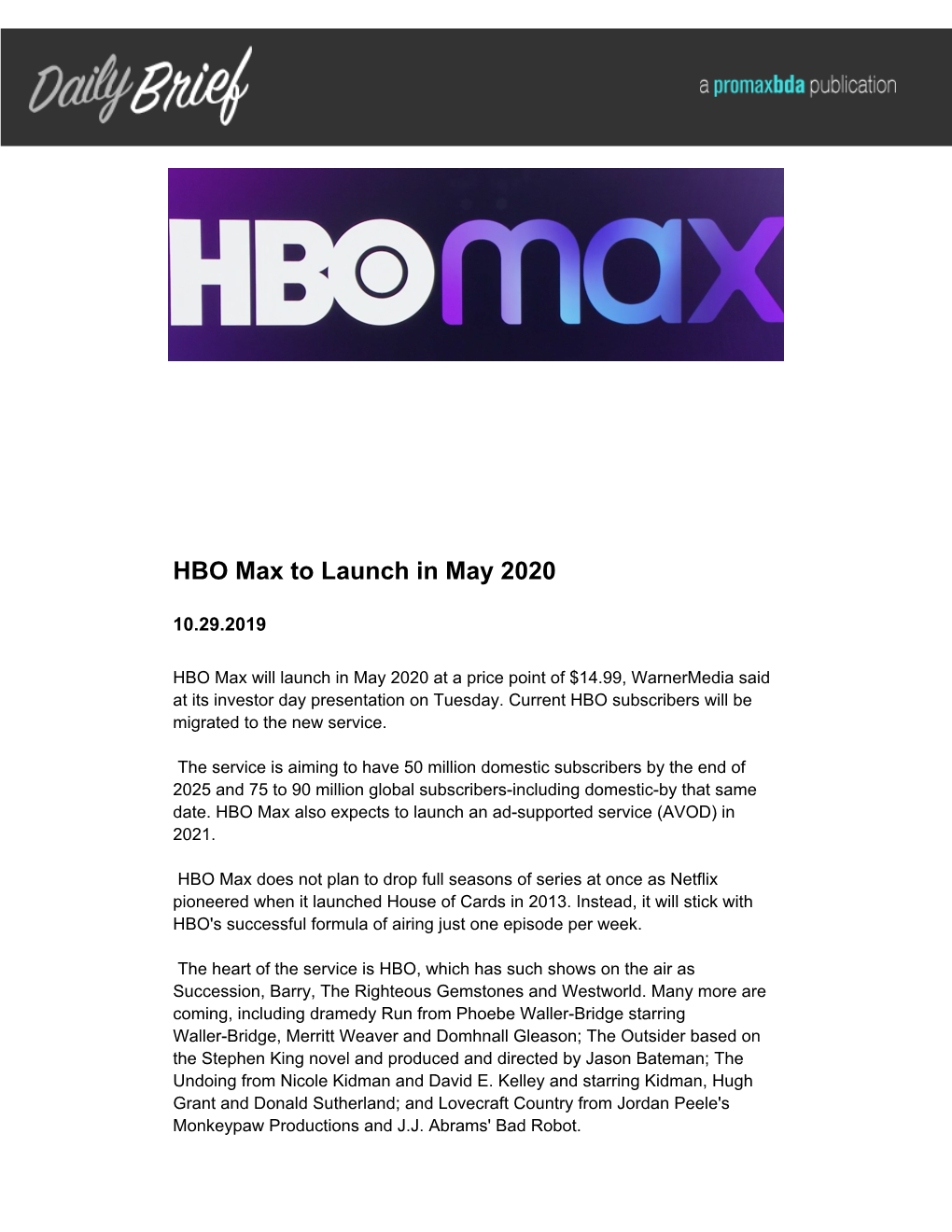 HBO Max to Launch in May 2020