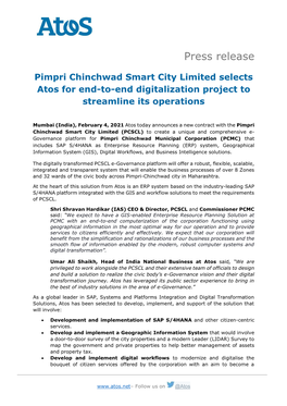 Pimpri Chinchwad Smart City Limited Selects Atos for End-To-End Digitalization Project To