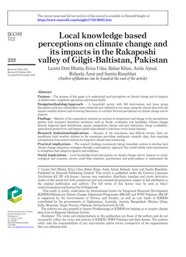 Local Knowledge Based Perceptions on Climate Change and Its Impacts in the Rakaposhi 222 Valley of Gilgit-Baltistan, Pakistan