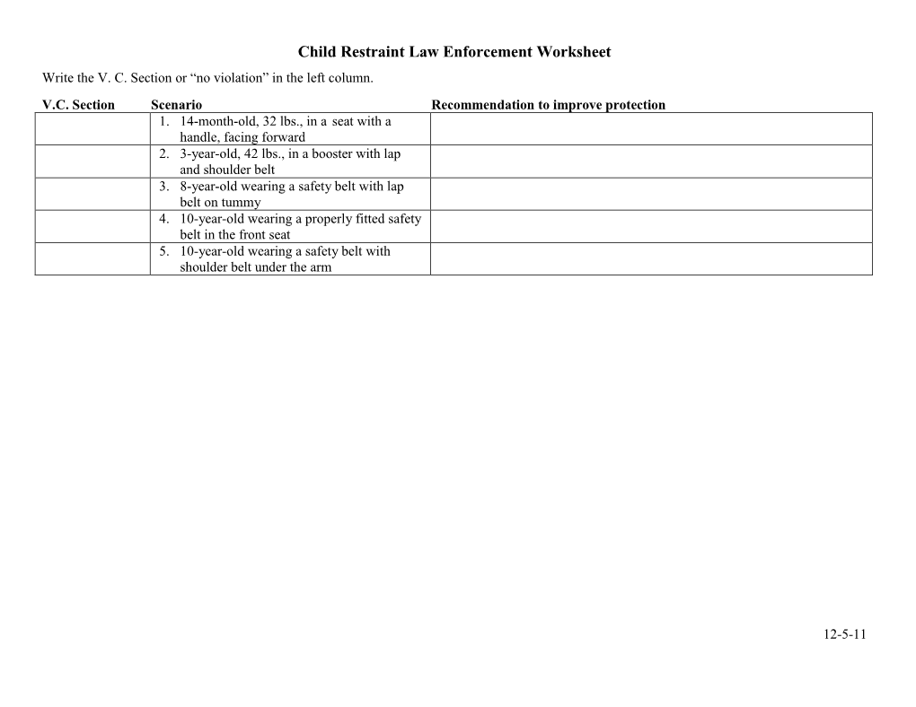 Child Restraint Law Enforcement Worksheet Write the V