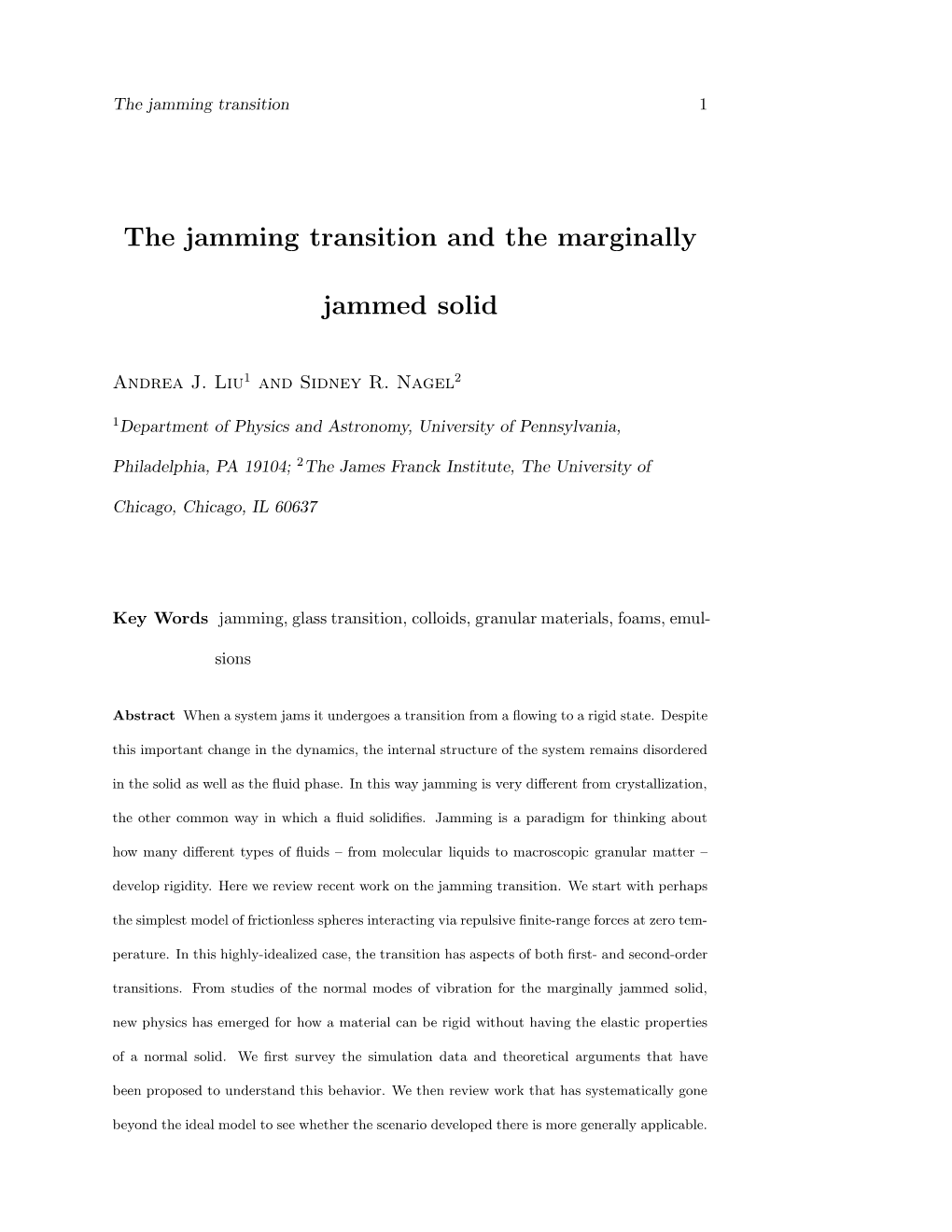 The Jamming Transition and the Marginally Jammed Solid