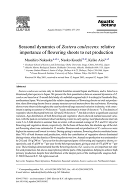 Seasonal Dynamics of Zostera Caulescens: Relative Importance Of