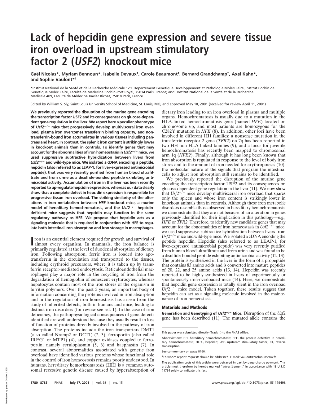 Lack of Hepcidin Gene Expression and Severe Tissue Iron Overload in Upstream Stimulatory Factor 2 (USF2) Knockout Mice