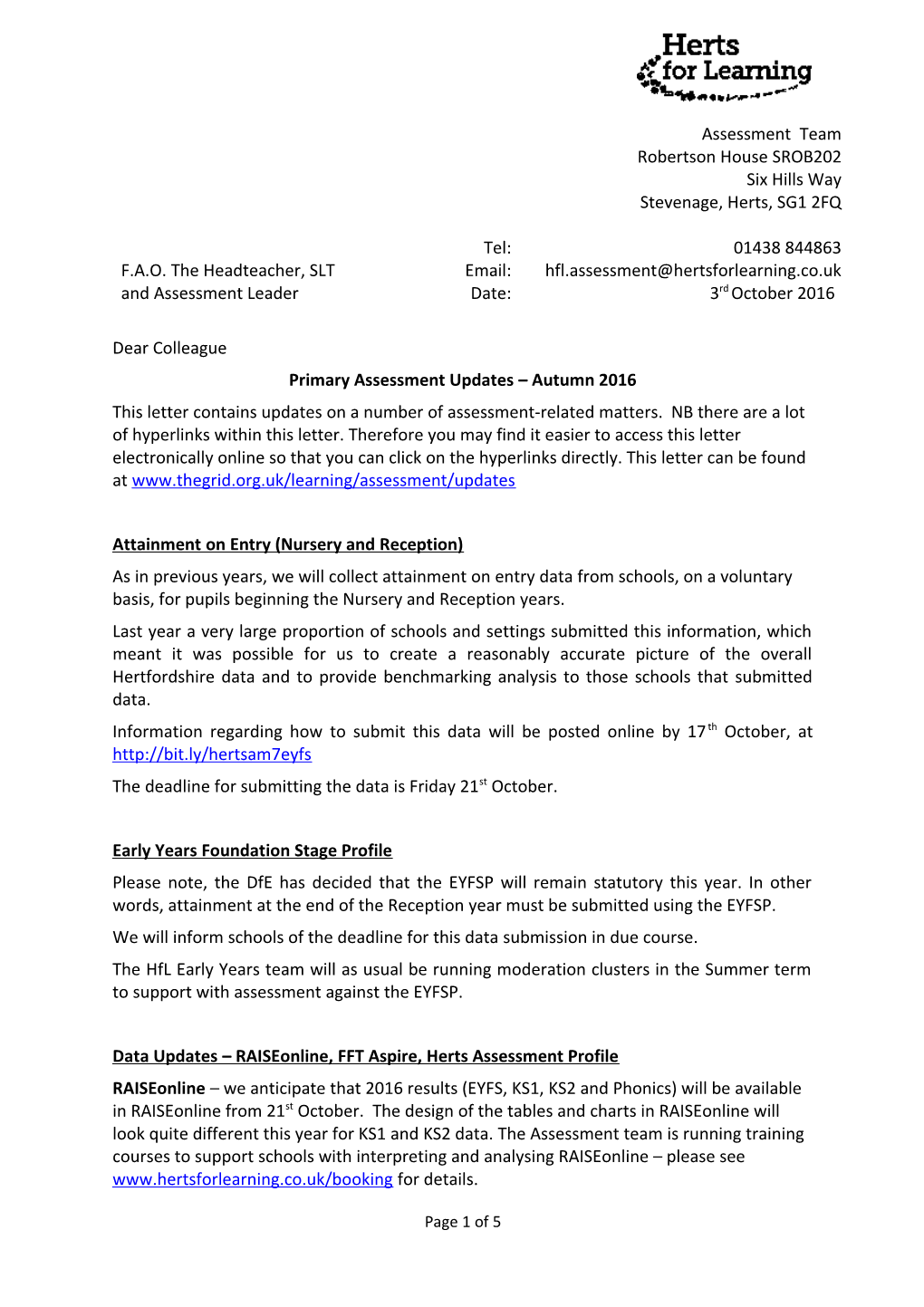 Primary Assessment Updates Autumn 2016