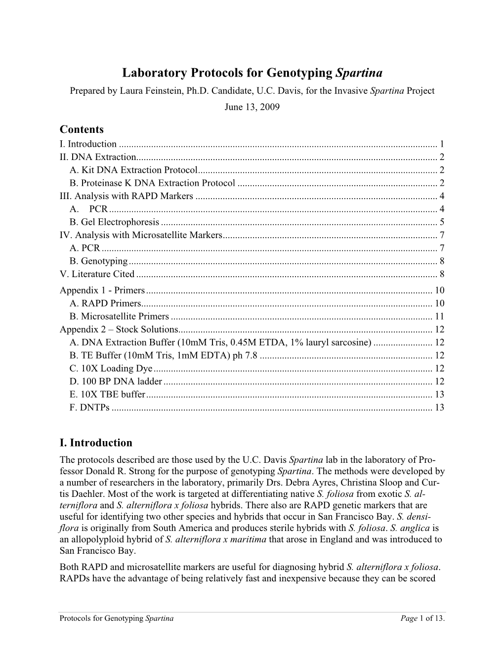 Laboratory Protocols for Genotyping Spartina Prepared by Laura Feinstein, Ph.D