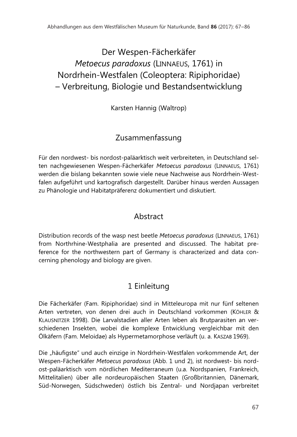 Der Wespen-Fächerkäfer Metoecus Paradoxus (LINNAEUS, 1761) in Nordrhein-Westfalen (Coleoptera: Ripiphoridae) – Verbreitung, Biologie Und Bestandsentwicklung