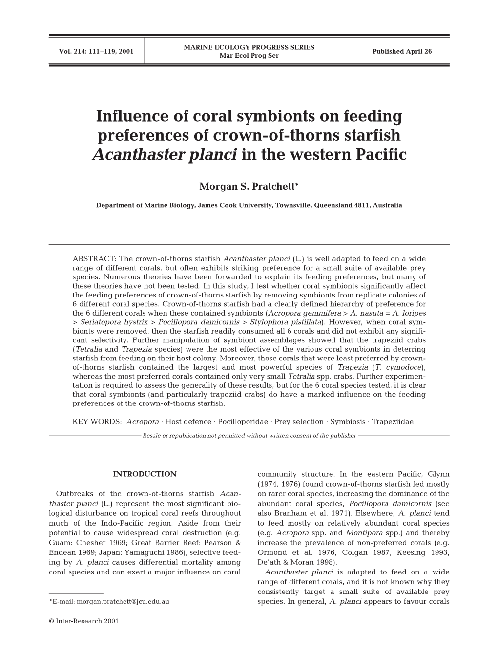 Influence of Coral Symbionts on Feeding Preferences of Crown-Of-Thorns Starfish Acanthaster Planci in the Western Pacific