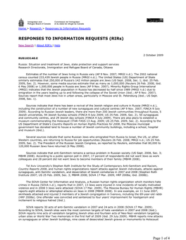 Russia: Situation and Treatment of Jews, State Protection and Support Services Research Directorate, Immigration and Refugee Board of Canada, Ottawa