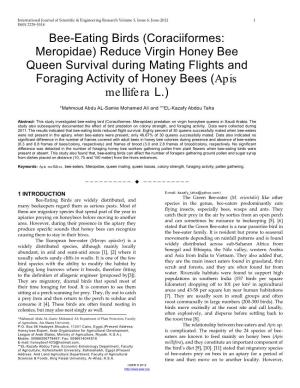 Bee-Eating Birds (Coraciiformes: Meropidae) Reduce Virgin Honey Bee Queen Survival During Mating Flights and Foraging Activity of Honey Bees (Apis Mellifera L.)