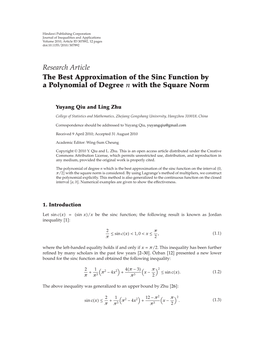 The Best Approximation of the Sinc Function by a Polynomial of Degree N with the Square Norm