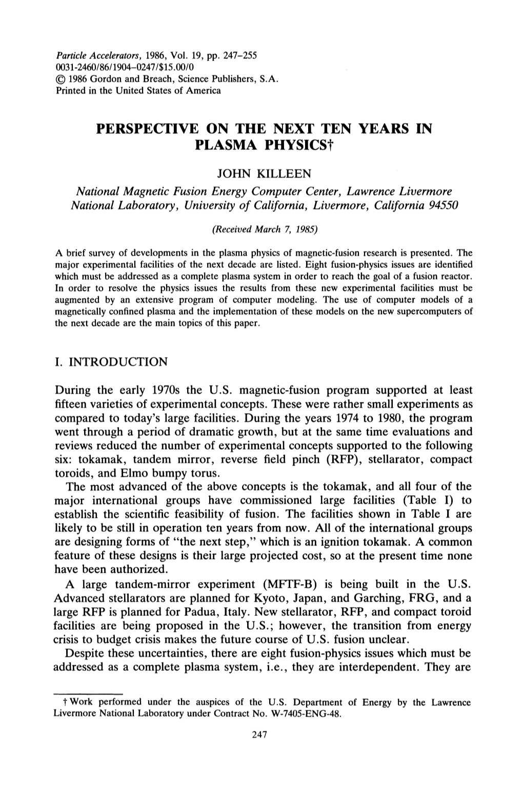 PERSPECTIVE on the NEXT TEN YEARS in PLASMA Physicst