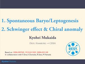 1. Spontaneous Baryo/Leptogenesis 2. Schwinger Effect & Chiral Anomaly