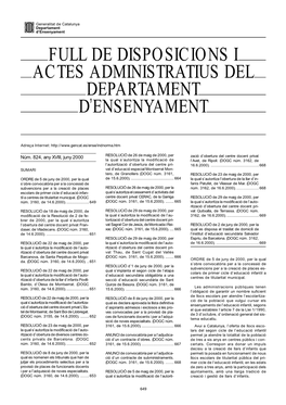 Full De Disposicions I Actes Administratius Del Departament D'ensenyament