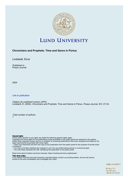 Chroniclers and Prophets: Time and Genre in Porius Lindstedt, Eivor