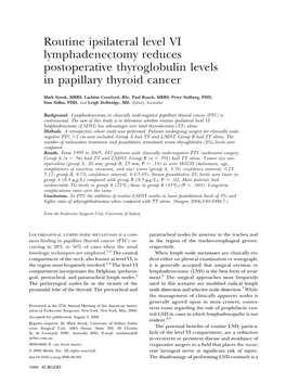 Routine Ipsilateral Level VI Lymphadenectomy Reduces Postoperative Thyroglobulin Levels in Papillary Thyroid Cancer