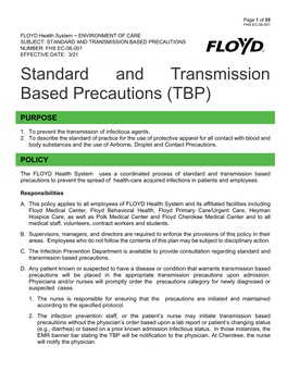 Standard and Transmission Based Precautions (TBP)