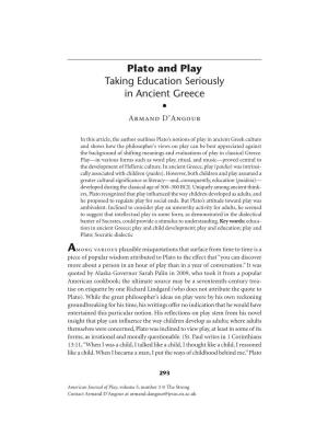 Plato and Play: Taking Education Seriously in Ancient Greece