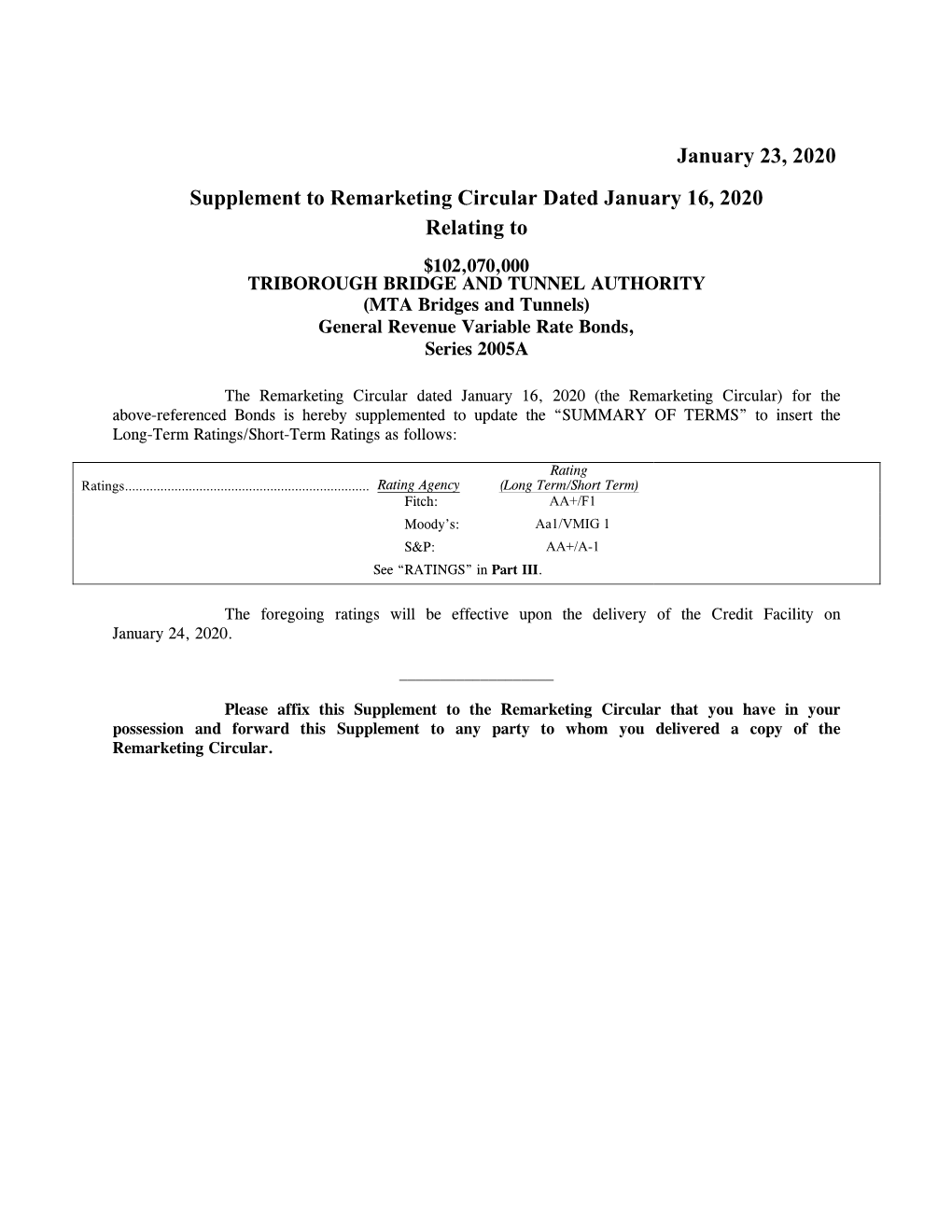 TRIBOROUGH BRIDGE and TUNNEL AUTHORITY (MTA Bridges and Tunnels) General Revenue Variable Rate Bonds, Series 2005A