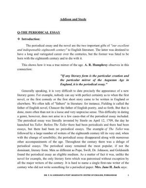 Addison and Steele Q-THE PERIODICAL ESSAY Introduction