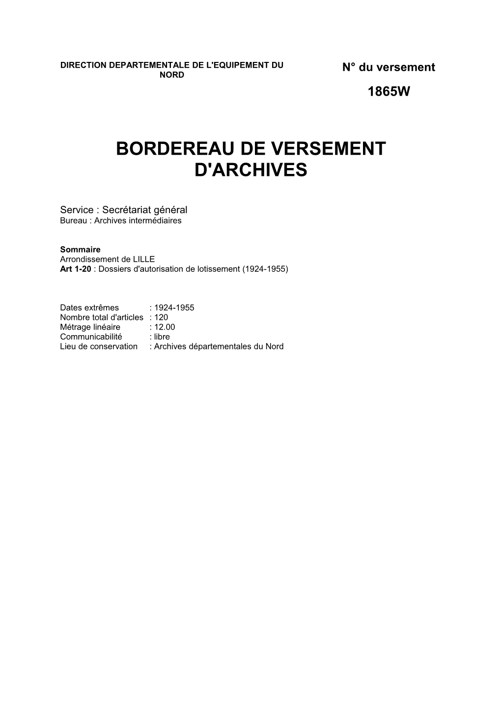 DDE Du Nord : Autorisation De Lotissement, 1924-1955