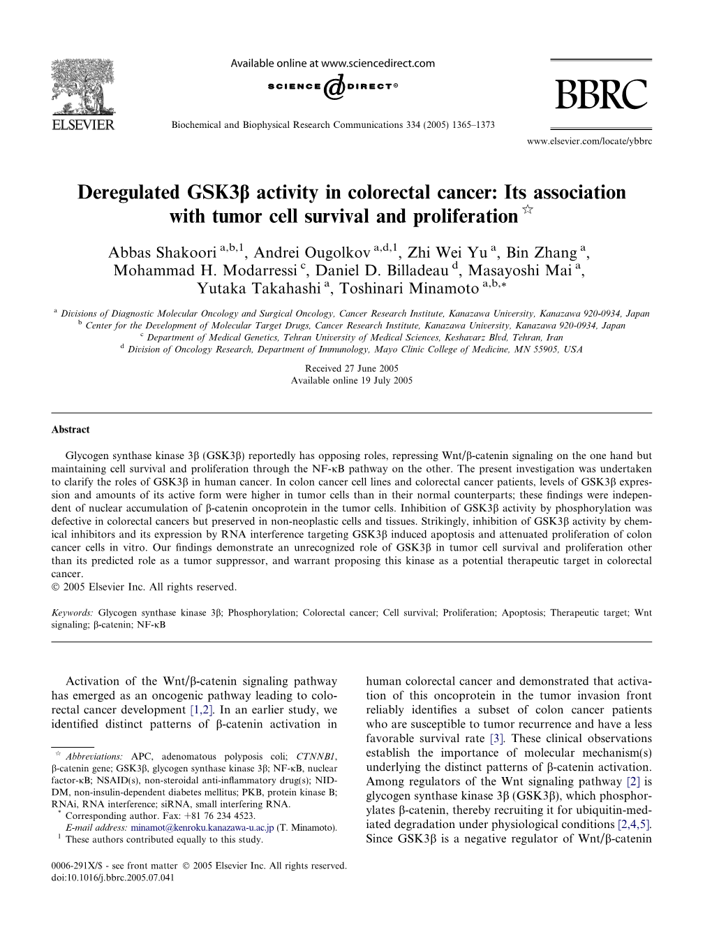 Deregulated Gsk3b Activity in Colorectal Cancer: Its Association with Tumor Cell Survival and Proliferation Q