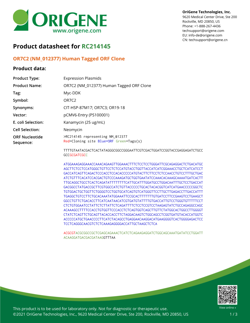 OR7C2 (NM 012377) Human Tagged ORF Clone – RC214145