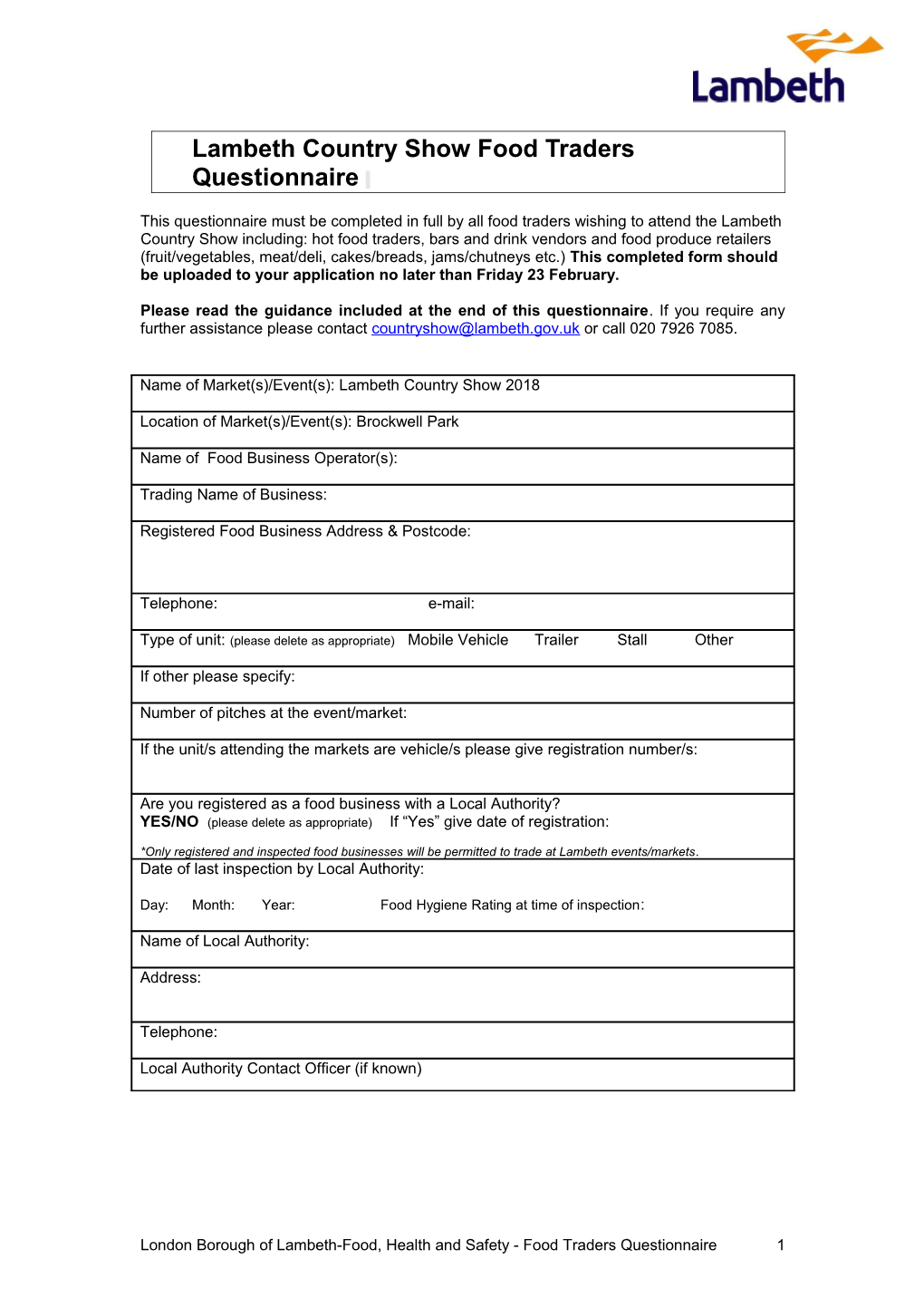 Lambeth Country Show Food Traders Questionnaire