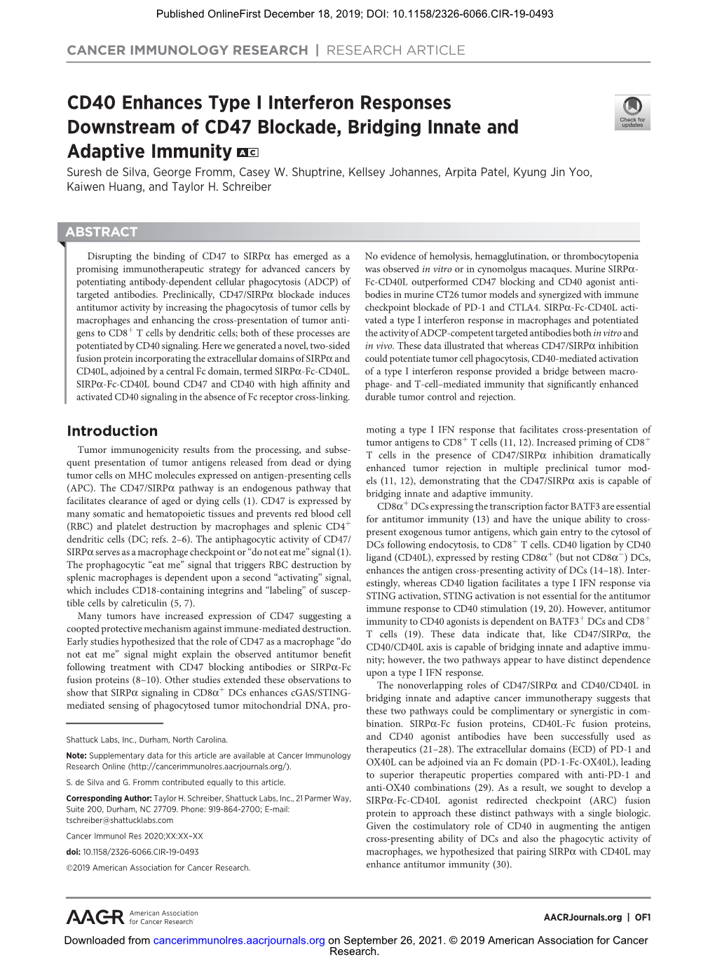 CD40 Enhances Type I Interferon Responses Downstream of CD47 Blockade, Bridging Innate and Adaptive Immunity a C Suresh De Silva, George Fromm, Casey W