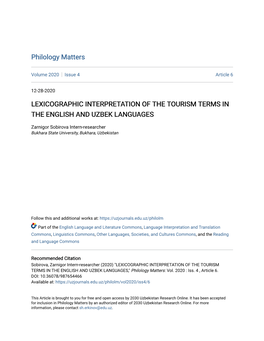 Lexicographic Interpretation of the Tourism Terms in the English and Uzbek Languages