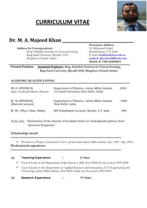 CURRICULUM VITAE Dr. MA Majeed Khan