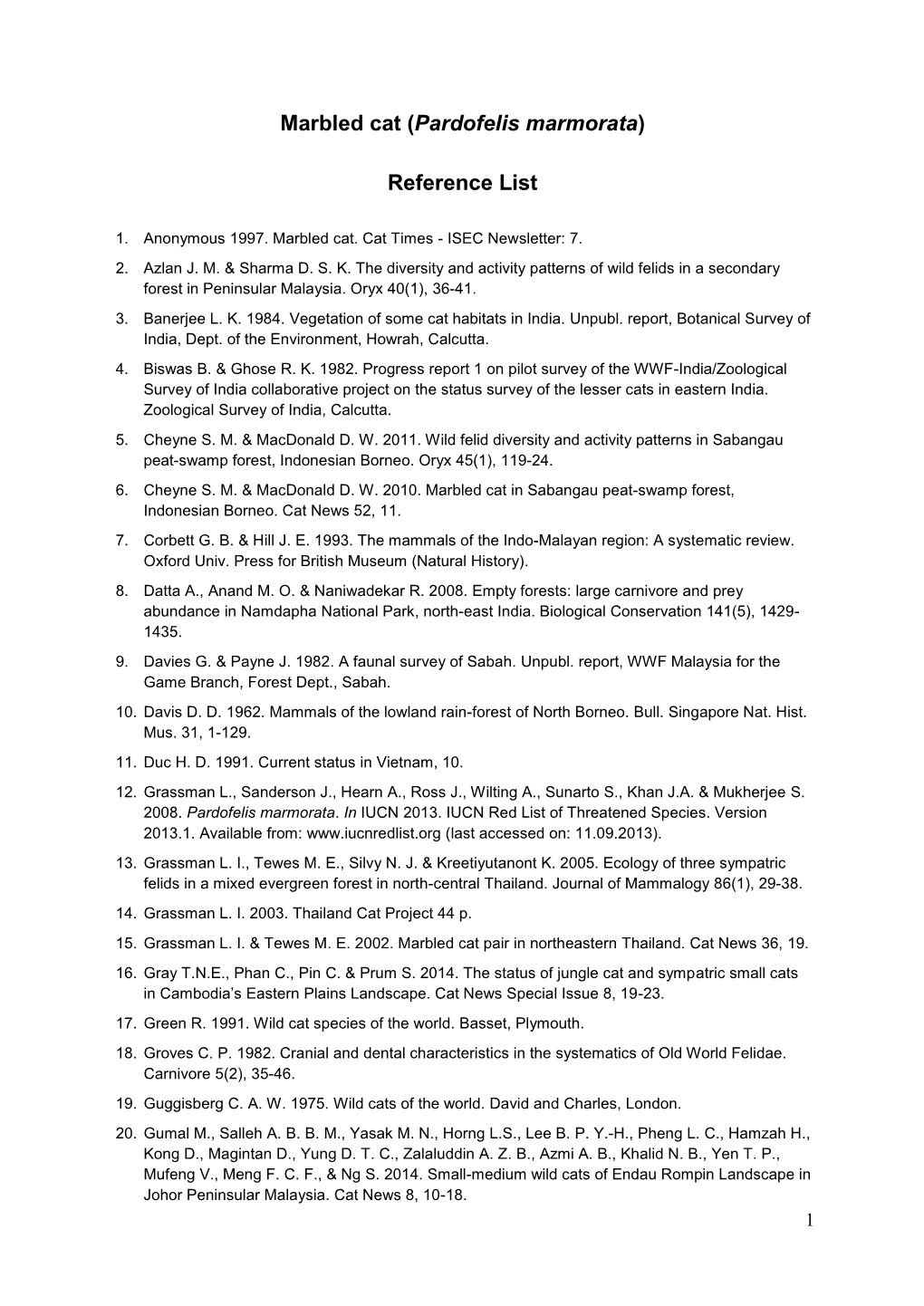 Marbled Cat (Pardofelis Marmorata) Reference List