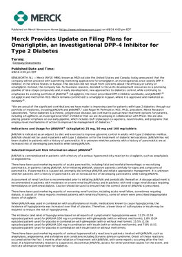 Merck Provides Update on Filing Plans for Omarigliptin, an Investigational DPP-4 Inhibitor for Type 2 Diabetes