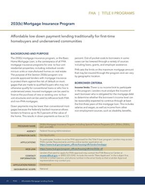 FHA Title II Programs: 203(B) Mortgage Insurance Program