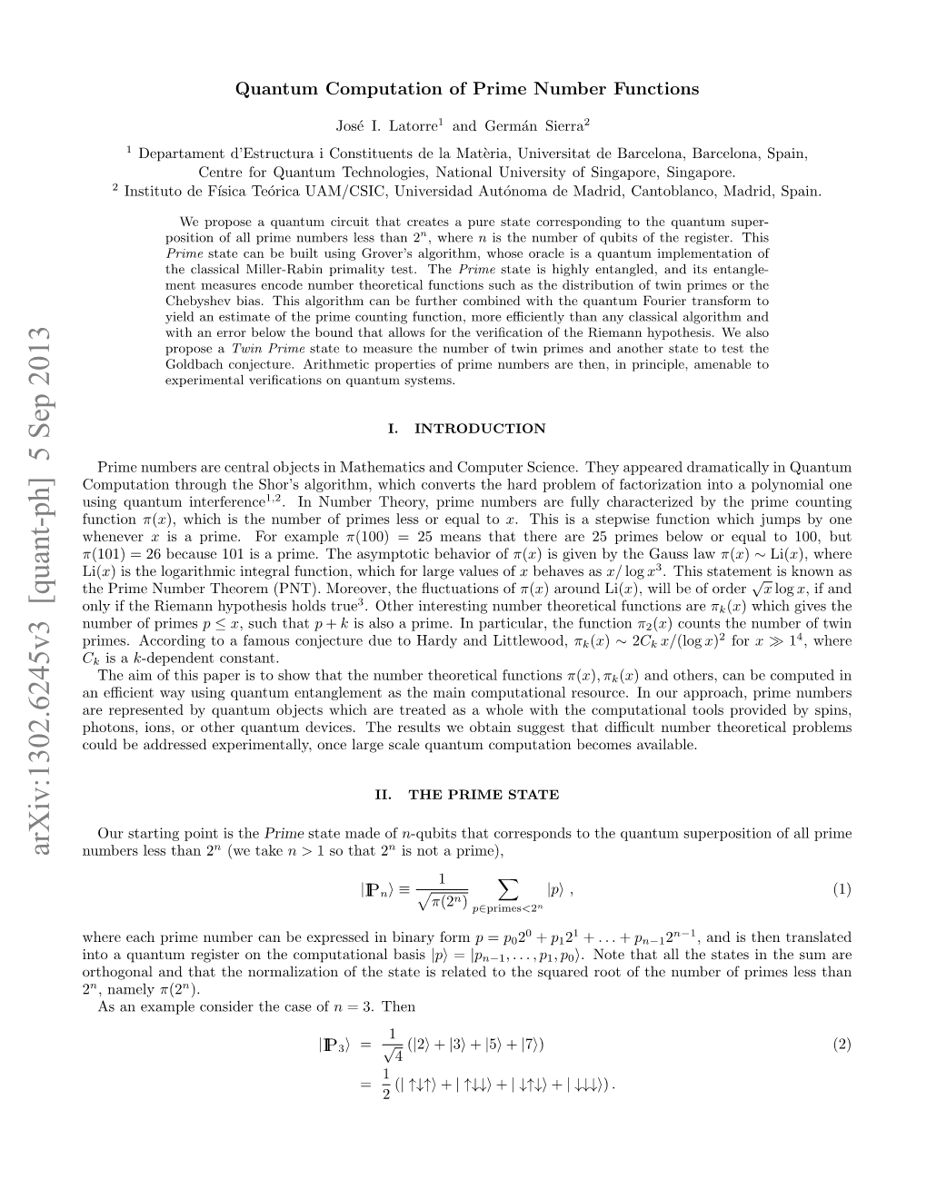 Quantum Computation of Prime Number Functions