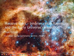 Massive Stars - Binaries, Wolf-Rayets, and the Early Universe Connection