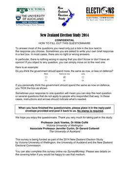 New Zealand Election Study 2014 CONFIDENTIAL HOW to FILL out THIS QUESTIONNAIRE